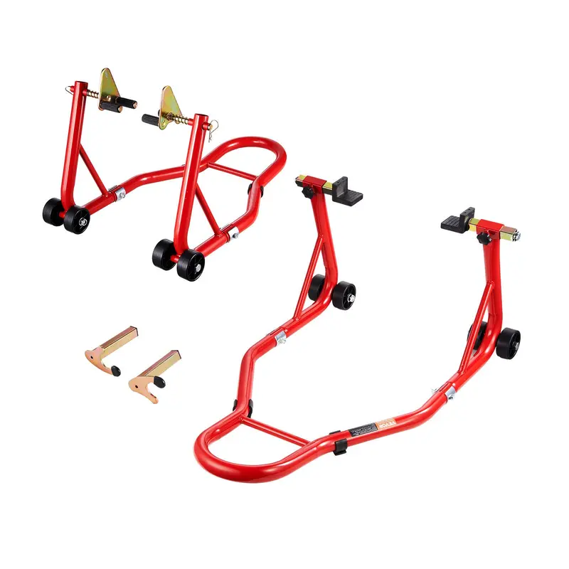VEVOR 850lbs Capacity Motorcycle Combo Lift - Motorcycle Accessories, Heavy-Duty Steel, Front Dual-Holder with Rubber Grip (No Scuffs), Rear U-L Swingarm Spool Support, Universal Fit for Most Yamaha Honda Kawasaki Suzuki Models (13.8 Inches or Less), Red