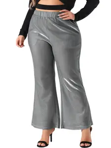 Agnes Orinda Plus Size Metallic Sparkly Pants for Women High Waist Wide Leg Pants Palazzo Trousers Clubwear Silver
