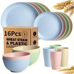 Wheat Straw & Plastic Dinnerware Set 16/32pcs Large Size Service For 8/4 Kitchen Accessories Unbreakable Modern Dish Set Plate Dessert Plate Bowl Cup Dishwasher Safe Lightweight Tableware Perfect Camping Everyday Use Easter Tableware Gifts For Me