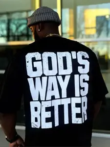Men's Plus Size Black T-Shirt with Distressed White Text "GOD'S WAY IS BETTER" - Casual Urban Style Tee for Everyday Wear in Daytime Outdoor Settings