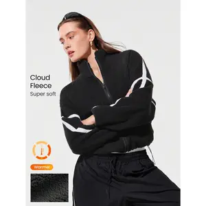 GLOWMODE Cloud Fleece Cozy Hour Warn Lightweight Stand Collar Elastic Cuffs Zipper Pockets Adjustable Drawstring Waist Hip-Length Relaxed-Fit Full-Zip Jacket Autumn Winter Outdoor Daily Casual