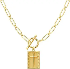 Chunky Cross Necklace Gold-Plated Toggle Clasp Rectangle Cross Charm Paperclip Chain Necklace for Women Religious Simple Jewelry Gift