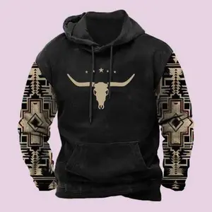 Men’s Aztec-print hoodie Western cowboy hooded sweatshirt — warm, loose casual long-sleeve drawstring with pockets; animal print denim joggers tops; cotton pullover vibe; plus sizes available; ideal for vacations.