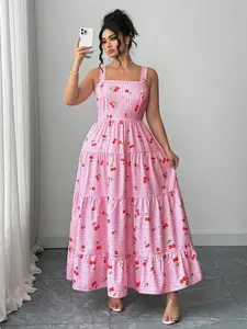 Plus Size Casual Vacation Sweet Plaid Cherry Blossom Print Halter Dress, Womenswear, Comfortable Summer Fashion, Perfect for Travel and Relaxing