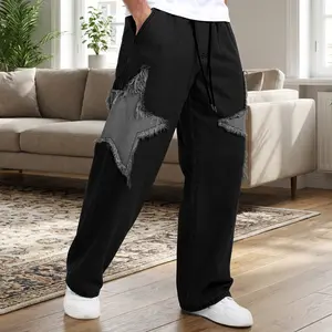 Men's Baggy Jeans Cute Stars Pattern Washed High Rise Elastic Waist Wide Leg Streetwear Denim Pants