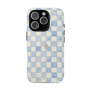 Whimsical Checkerboard Phone Case - Tough Cases, Cute Phone Cover, Floral Design, Gifts for Her, Pastel Aesthetic with  iPhone 17 Air 16Pro Max 15 14Plus 13 12 11  XS