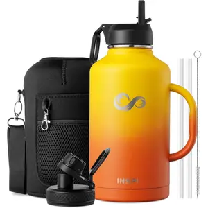 Half Gallon Bottle with Handle, 64oz Bottle with Straw & 2 Lids, Wall Stainless Large Jug Travel Flask for School, Hiking & Camping, 100% Leak, Orange