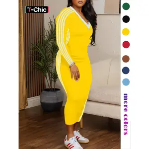 Elegant women’s slim-fit V-neck long-sleeve dress with a stylish striped patchwork design, made from stretchy fabric—perfect for spring and fall streetwear.