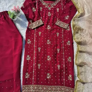 DESI FANCY FAUX GEORGETTE WITH SEQUENCE EMBROIDERED AND ORIGINAL MOTTI HANDMADE WORK TOP AND PANT WITH DUPATTA for Stylish Wear Womenswear Embroidery Clothes