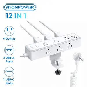 NTONPOWER Standing Desk Power Strip with 6ft Coiled Extension Cord, Desk Clamp Power Strip with 9 AC & 3 USB (USB C), 1200J Desktop Surge Protector, Standing Desktop Accessories, Fit 2.68" Table Edge,home office dorm room,home improvement summergarden
