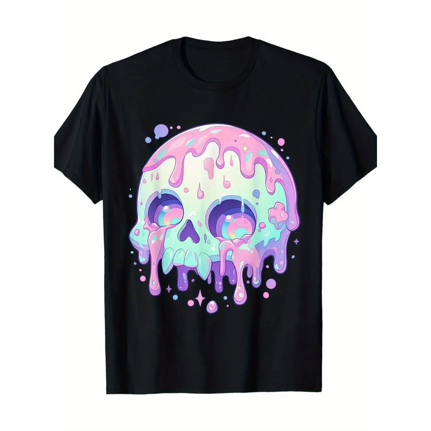 Men's Graphic Tshirt with Gothic Melty Skull Print, 100% Cotton Casual Preppy Top, Fitted Short Sleeve Round Neck, Shortsleeve