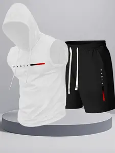 Men's Summer Casual Set, Athleisure Wear Set, Letter Print Hooded Sleeveless Vest & Drawstring Waist Shorts, Sporty Comfy Breathable Fabric, Outdoor Sports