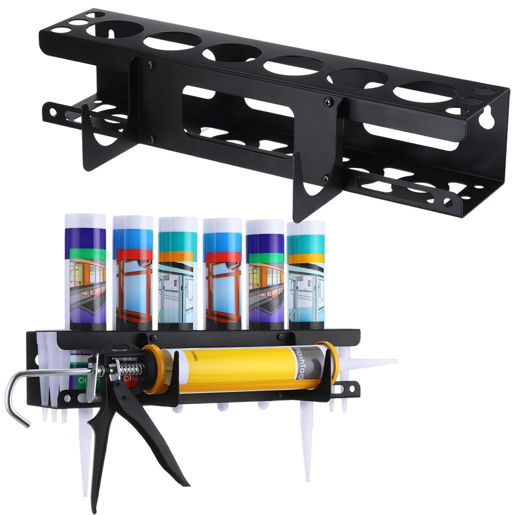 Caulk Tube Holder, Sturdy Heavy Duty Carbon Steel Grease Gun Holder with Mounting Holes, Space Saving Caulking Gun Storage Rack Construction Tool Organizer for Workshop, Shop, Garage Grease Tube Caulk Caulking
