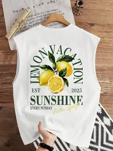 Men's Lemon Print Graphic Sleeveless Vest, Sleeveless Printed, Summer Fashion Streetwear, Casual Vintage Style, Soft Comfortable Fabric