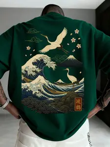 Unisex Japanese Ukiyo-E Kanagawa Wave Crane Fuji Mountain Print Loose Short Sleeve T-Shirt, Vintage Classic Casual Breathable Round Neck Top
