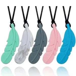 JNS44 Sensory Chew Necklace for Kids and Adults, Boys and Girls, 5 Pack Silicone Feather Chewy Necklaces for Autism, ADHD, Chewing, Oral Motor Chewable Pendant for Mild Chewers