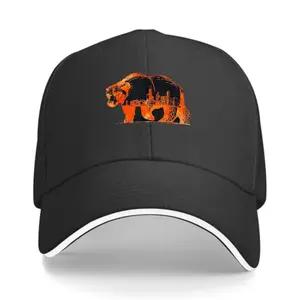 Chicago Skyline Bear Silhouette Baseball Cap-Adjustable Unisex Orange Design, Black Orange Contrast Color Casual Outdoor Sport Cap, Wear-Resistant Headwear, Street Fashion Accessories