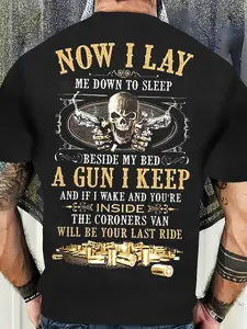 Men's Skull and Letter Print T-shirt-"Now I Lay" Gun Theme Design, Dark Blue Short Sleeve T-shirt, Suitable for Summer Outdoor, Casual Round Neck Pattern Shirt