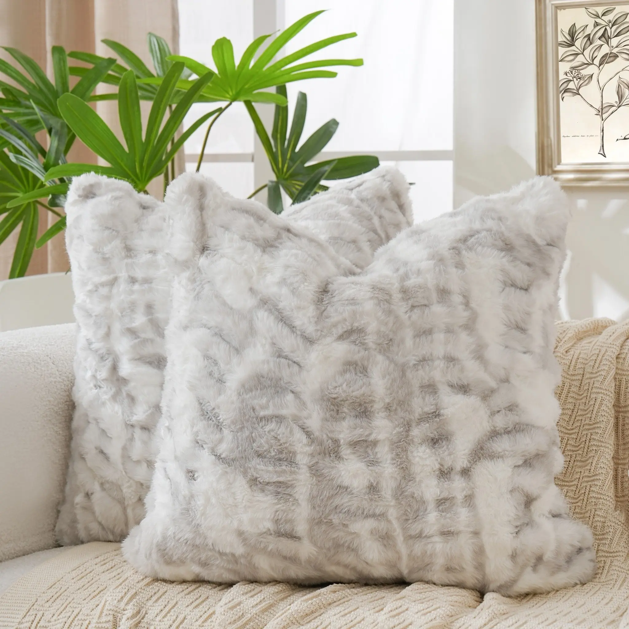 Faux Rabbit Fur Square Cushion Cover 18x18in - Soft Grey Plush Couch Cushion Cover with Invisible Zipper, Removable, Bedroom Decor, Fall/Winter Holiday Gift, Cushion Covers