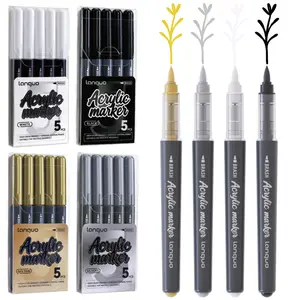 Acrylic Paint Pens Waterproof Markers 5Pcs Permanent Marker Pens Soft Bursh for Rock Painting Glass Stone Ceramic Metal Fabric Pebble Painting pens (Black, White, Gold, Silver)