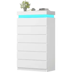 SIKAIC White 6-Drawer Tall Dresser - Indoor Cabinet with LED Light