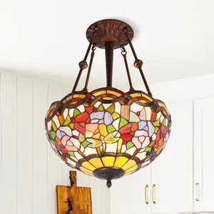 15.8 Inch Tiffany-Style Dragonfly Floral Ceiling Pendant Light (Antique Bronze Finish, E26 Sockets, Warm Light Bulbs Included)