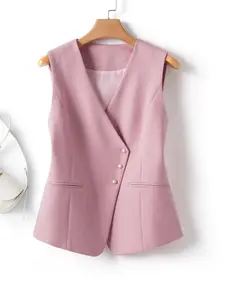 Women's Solid V Neck Blazer Vest, Fashion Casual Button Outerwear for Daily Outdoor Wear, Women Clothing for Spring Fall