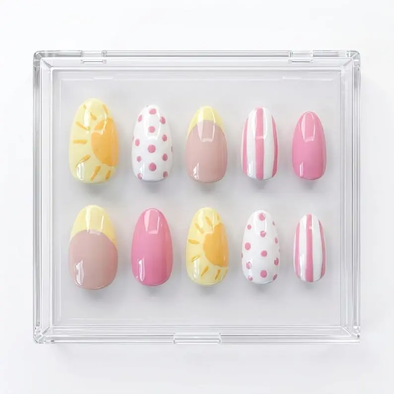 Summer Press On Nails Set, Handmade Gel Nails: Pink Yellow Sunshine Nail Art, Cute Cottagecore Manicure, Vacation Gift, Beach Trip Nails