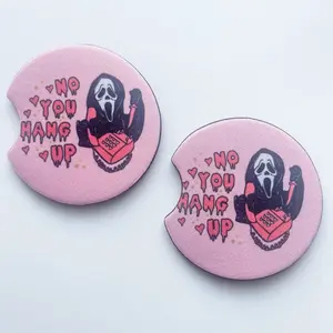 Ghost Pink Scary Movies Cute Car Accessories Interior Spooky Halloween Horror October Pumpkins Car Coasters - 1 Set