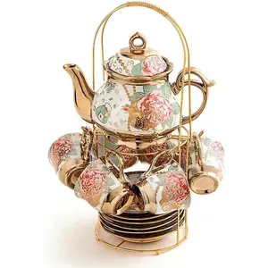 sets  Plated Red Rose Ceramic  Set,  Teapot  Sets Beautiful  Set Coffee Serving 6 People (Golden, Medium)