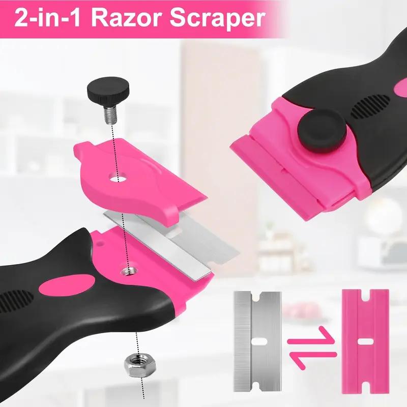 2-in-1 Razor Blade Scraper Tool, Pink Surface Scraper for Window Labels, Sticker, Glue, Paint and Caulk Removal, Includes 10 Plastic and 10 Metal Replacement Blades