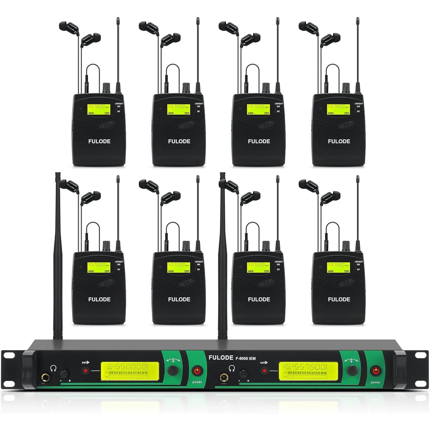 UHF Band Electronic Wireless In-Ear Monitor System - 2-Channel Durable Metal Audio Monitor with LCD Display, 8 Bodypacks, In-Earphones, 2x40 Frequencies, 330ft Range for Stage, Studio, In-Ear Monitor Monitors