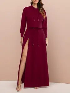 Women's Solid Drawstring Hoodie & Split Thigh Skirt Set, Long Sleeve Top & Pocket Long Skirt, Casual Fashion Cozy Co-ord Set, Women Clothes