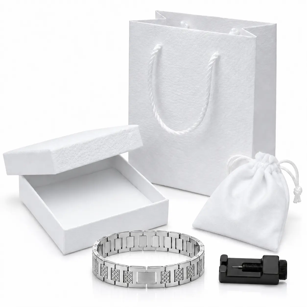 Men’s Black Stainless Steel Link Bracelet, 8.27-Inch Resizable Wristband with Gift Box & Sizing Tool, Water-Resistant Everyday Jewelry, Gift for Him