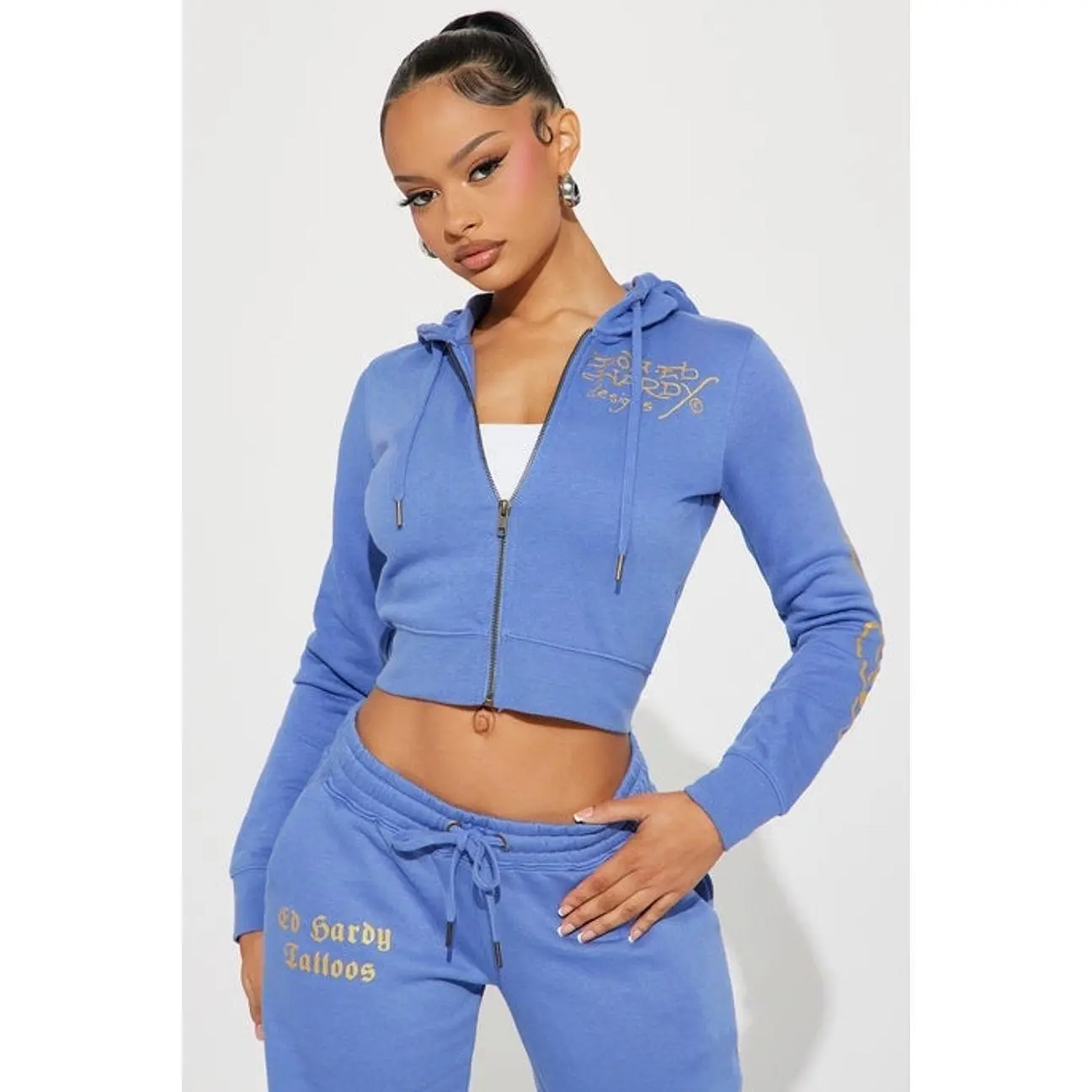 Women's Ed Hardy Lotus Love Polyester Graphic Hoodie - Casual Zip-Front Garment, Blue, Size 8