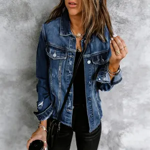 MW Shiny Women's Ripped Denim Jacket - Light Blue & Dark Blue - 90s Aesthetic Distressed Jean Top Classic Ripped Jean Coat