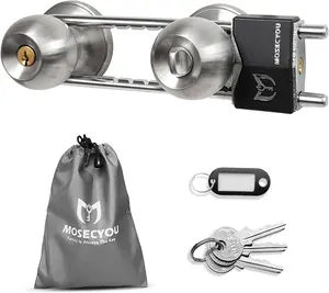 French Door Lock, Double Door Security Barricade, Keyed Extra Door Lock for Doors with Double Handles/Knobs/Levers, All Metal Construction Device UShaped Bar Prevent Kick Ins