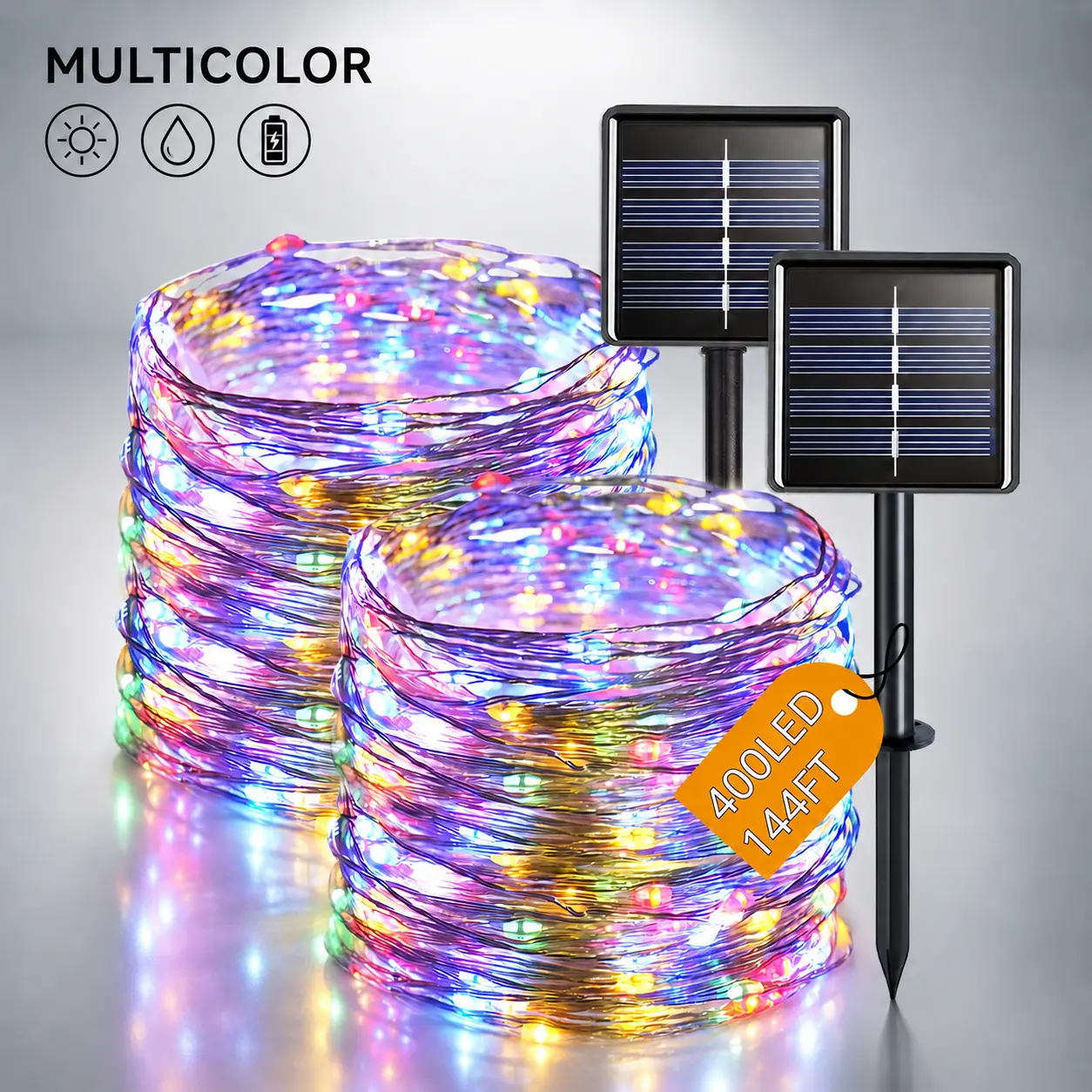 2-Pack 400 LED Solar Fairy String Lights Multicolor, 144 FT Waterproof Copper Wire Lights with 8 Modes, Outdoor Decorative Lights for Garden Patio Porch Party Holiday Decor