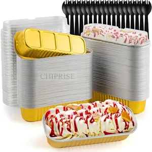 CHIPRISE 30-Piece Rectangular Foil Baking Cup Set with Lids, Includes 10 Spoon Tools, 6.8 oz Mini Bread Pan, Perfect for Baking Desserts Like Cheesecake. Ideal for Valentine's Day, Mother's Day, Weddings, Christmas, Birthdays. (Gold, Classic Style)
