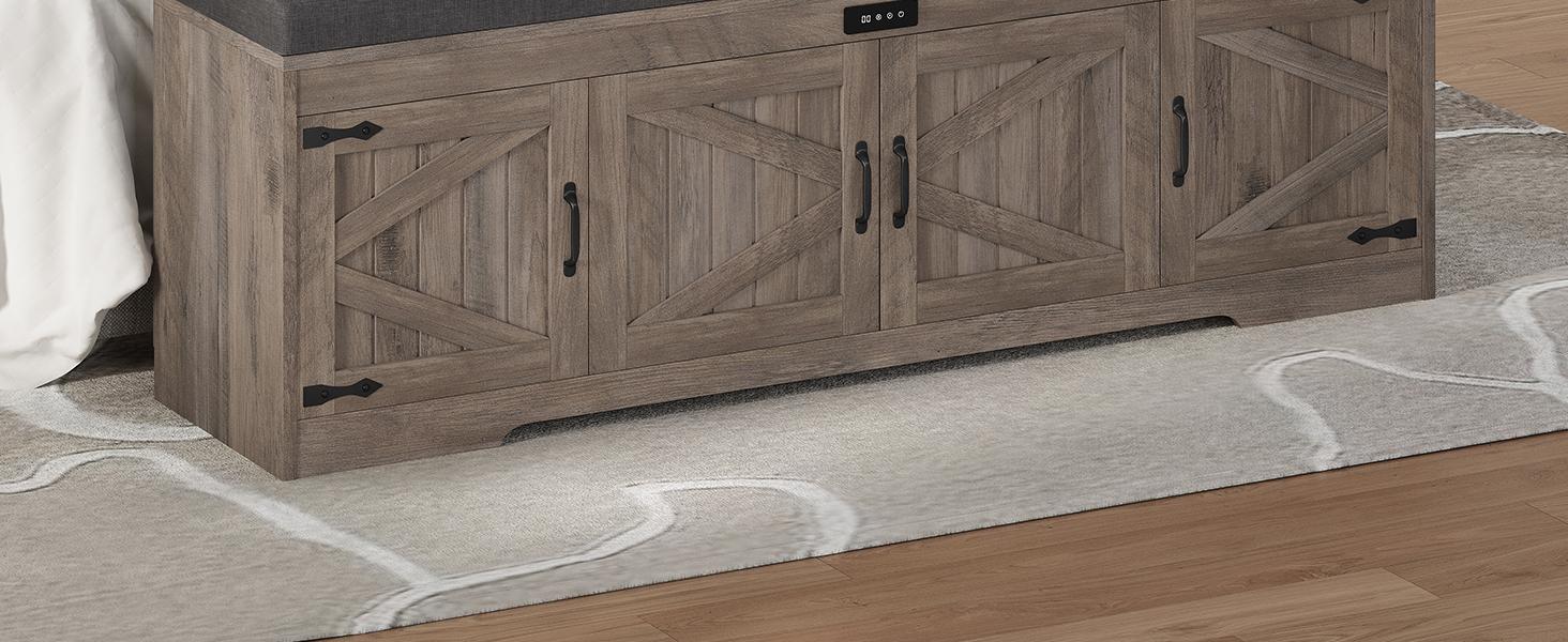 60-in Rectangular Farmhouse Engineered Wood Shoe Storage Bench - Deodorizing, Cushioned Seat, 4 Doors, Freestanding Hidden Rack, Adjustable Shelf, Gray, Entryway/Bedroom Use, Room Storage, Requires Assembly