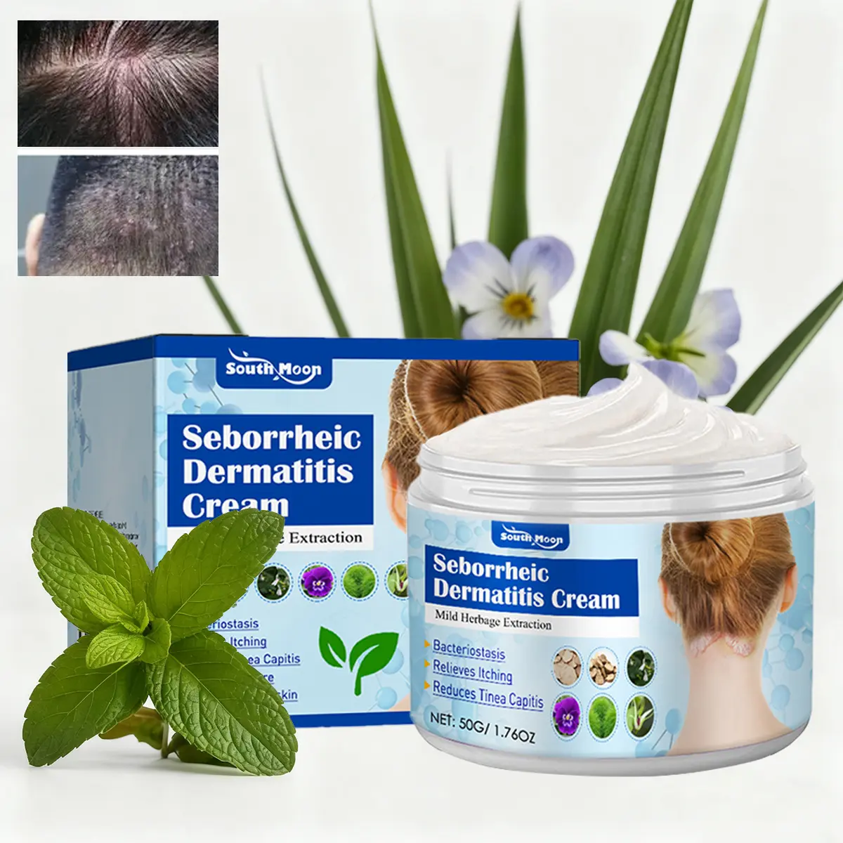 South Moon Herbal Seborrheic Dermatitis Cream - 50g Daily Soothing Scalp-Body Moisturizer, Hydrating Unisex Care with Honeysuckle & Dandelion, Moisture, Natural