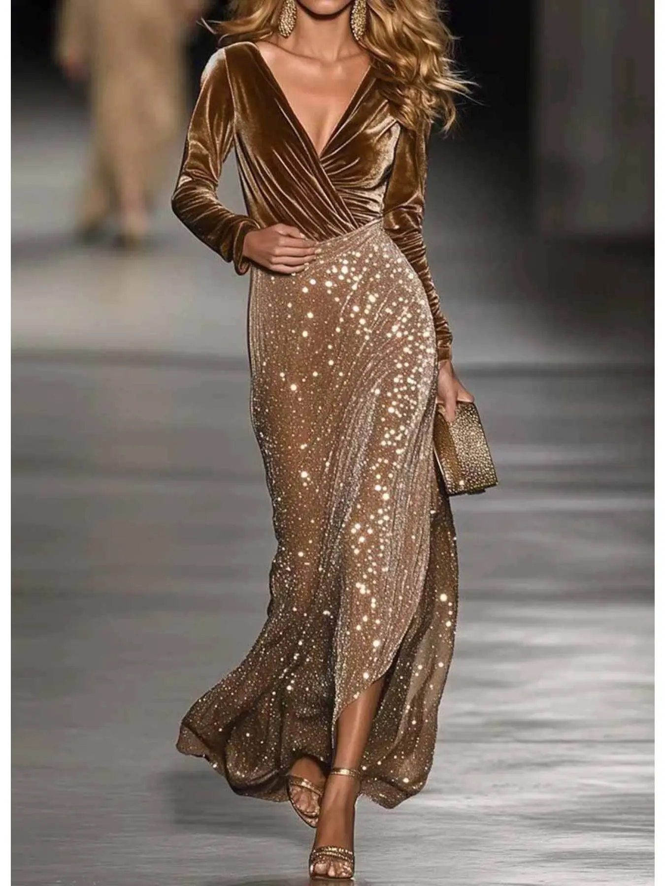 Gold Velvet Sequin Maxi Dress | Wrap V Neck Long Sleeve Side Slit Gown | Formal Wear Wedding Guest Prom Evening Party Outfit