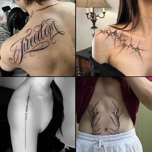 4 large picture herbal tattoo stickers, including 1 thorn element, 2 letter elements and 1 antler element, lasting 7-15 days, waterproof and friction-resistant, realistic effect, suitable for people who are afraid of pain and do not want to get a tattoo