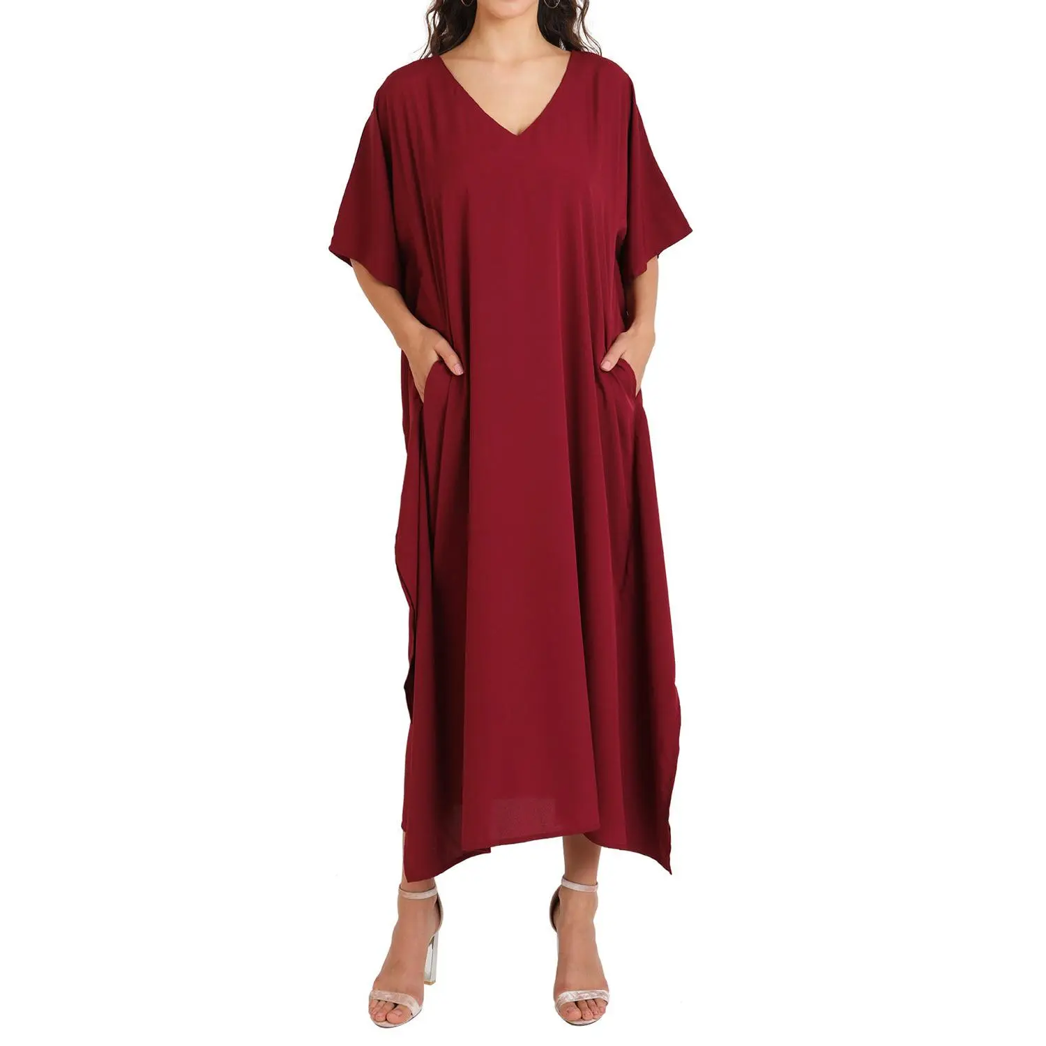 Miss Lavish London Kaftans Dresses with Pockets Burgundy, S to 3XL