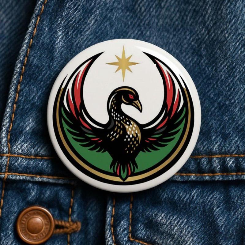 Black Community Bird Logo Button Pin – Colorful Star Graphic Badge for Jackets & Bags
