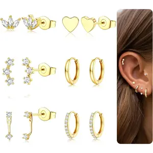 YADOCA 6 Pairs Earrings for Women 14K Plated Gold Earring Stacks Hypoallergenic Huggie Stud Hoop Earrings Set 316L Surgical Steel Earring Set for Multiple Gold&Silver