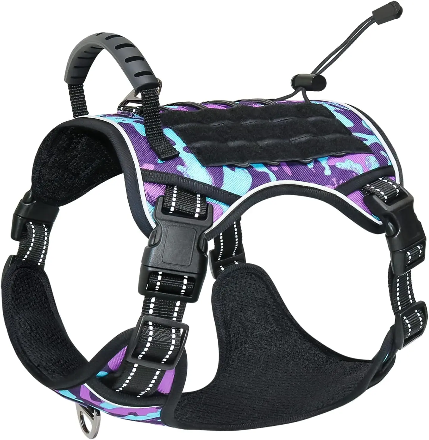 Tactical No-Pull Dog Harness for Cocker Spaniel, English Springer Spaniel, Alaskan, Mastiff - Adjustable Reflective Military Service Vest with Control Handle, Molle Hole & Loop Panels (Purple Camo, M)