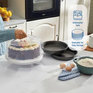 12 inch Clear Cake Carrier with 2pk 9 inch Gray Round Pans, Carbon Steel Baked Tin