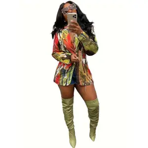 Women's Vibrant Abstract Print Casual Blazer - Long Sleeve, Button Front Jacket with Lapel Collar, Machine Washable, Polyester & Elastane Blend, Ideal for Spring/Fall