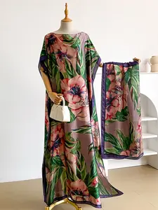 Elegant Floral Print Batwing Robe Set with Shawl Collar Dress, Casual Long Scarf Headband for Women, Beach Sun Protection Silk Satin Fabric Outfit
